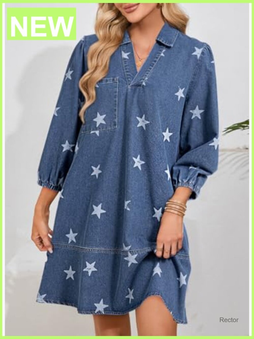 Denim Dress Women V Neck 3/4 Puff Sleeve Babydoll Jean Dress - Picture 4 of 7